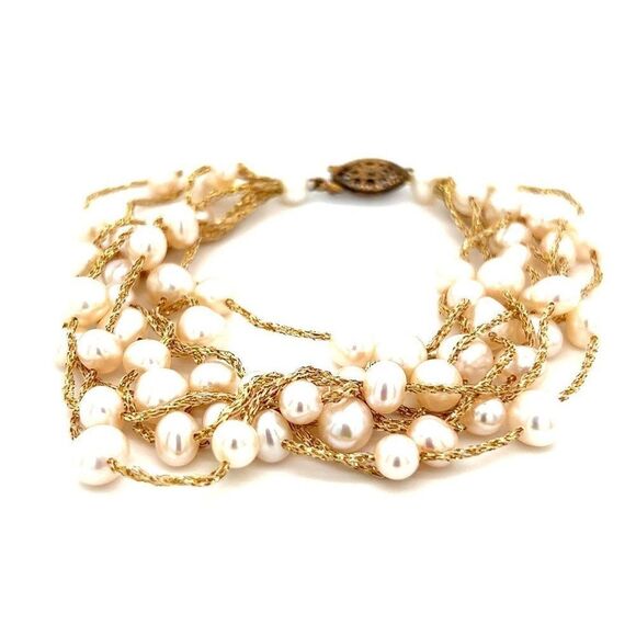 925 Clasps Gold Tone Real Pearls Multi-Strand Bracelet - Picture 1 of 6